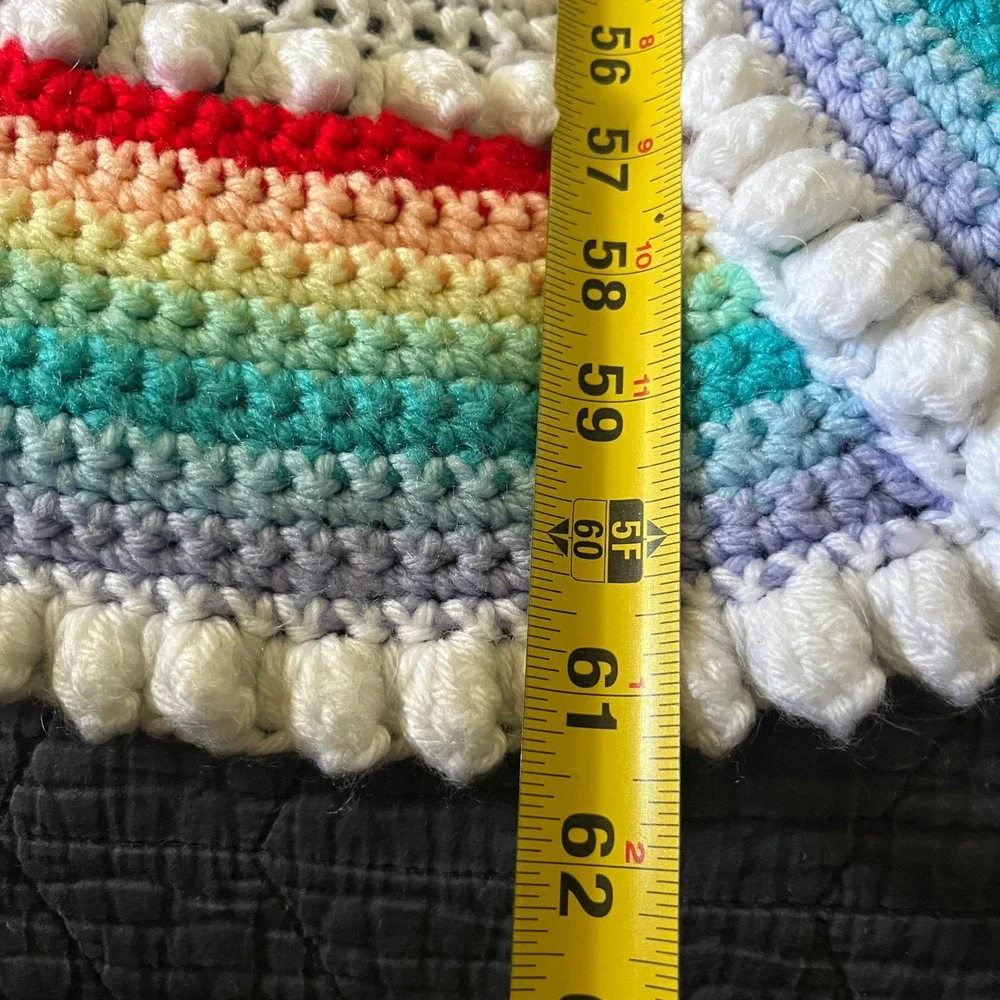 Handmade Crochet Blanket White Rainbow Bobble Stitch Scalloped Throw 80x60